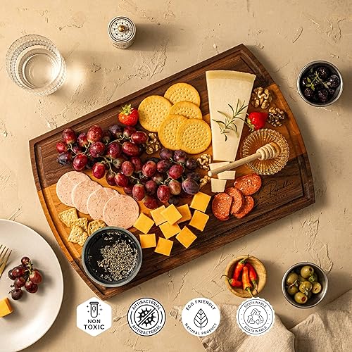 Miniatura 4 de Tabla de cortar de madera de cerezo y nogal arqueada con ranura para jugos, tablas de cortar reversibles duraderas para carne cruda, queso y
