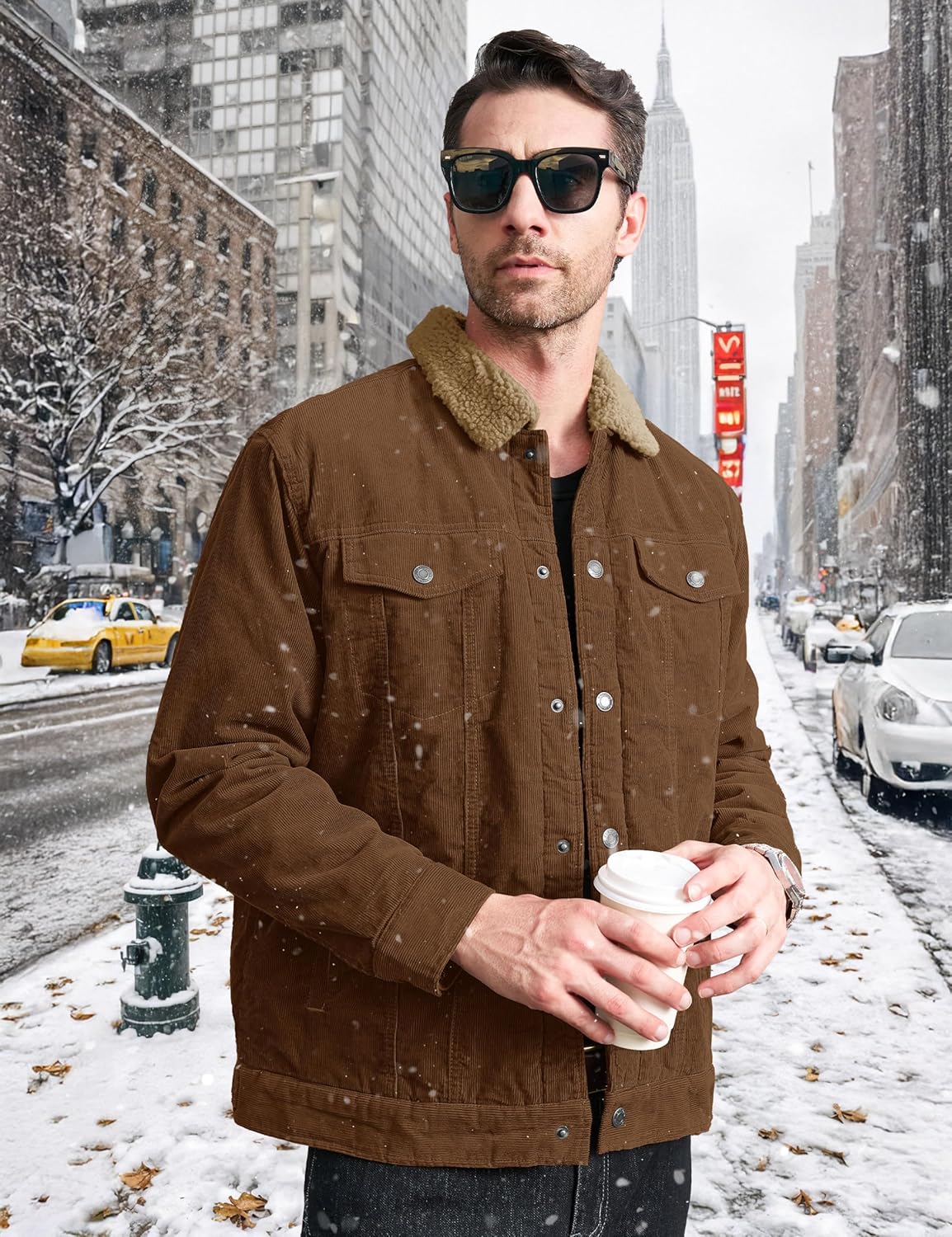 CRYSULLY Men's Corduroy Jacket Cotton Sherpa Lined Jacket Turn-Down Collar Jackets with 5 Pockets - Image 6