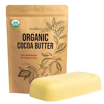 Organic Cocoa Butter Raw Unrefined - Food Grade USDA Certified - for Scars, Stretch Marks Cream - 100% Cocoa Butter Raw Organic for Skin Moisturizer, Lip Balm 8 oz