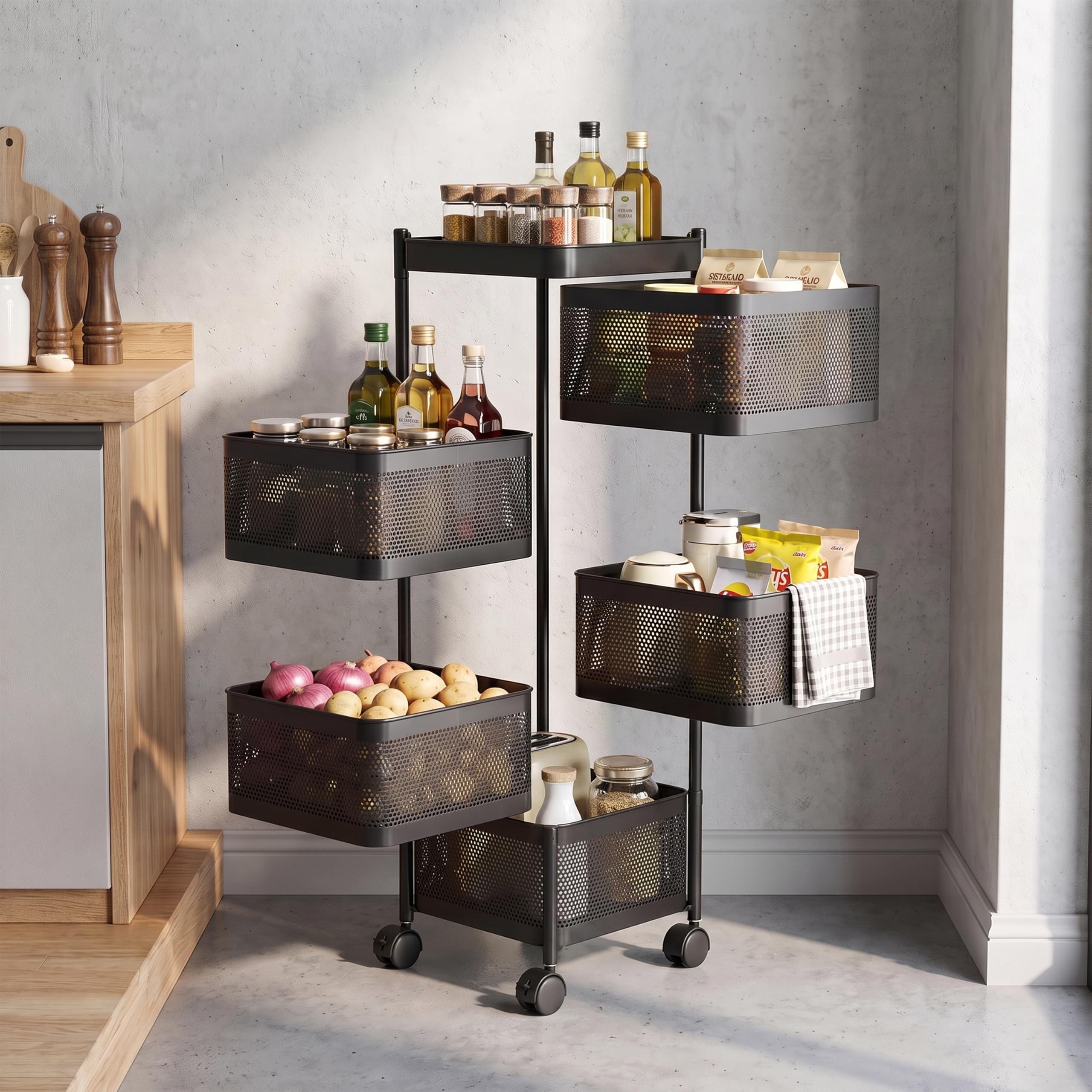 ALOXE Metal Kitchen Trolley with Wheels, 5-Tier Storage Trolley, Multipurpose Kitchen Organizer Rack, Mesh Baskets, Vegetable Storage –Square Black-image-34