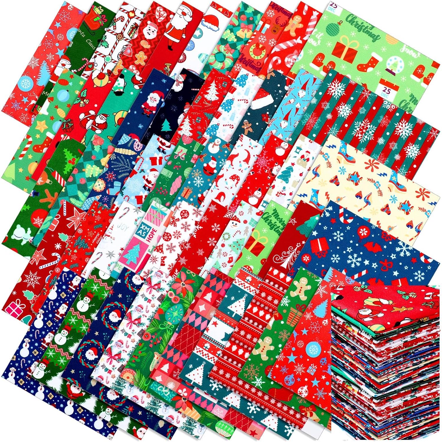 Ganeen 100 Pcs 10 x 10 Inch Christmas Fabric Squares Snowflake Snowman Santa Quilting Fabric Bundles Red Green Fat Patchwork Scraps Pre Cut Quilt Squares for Winter DIY Craft Handmade Sewing