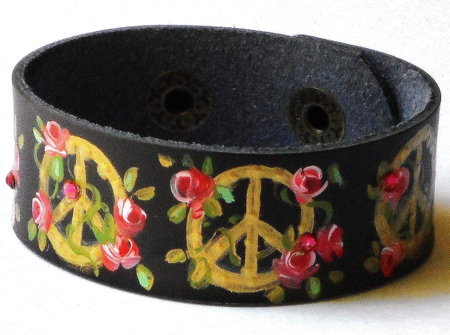 Romantic Boho Hand Painted Roses and Peace Signs Adjustable Black Leather Cuff Bracelet Bohemian Jewelry for Women Teen Girls