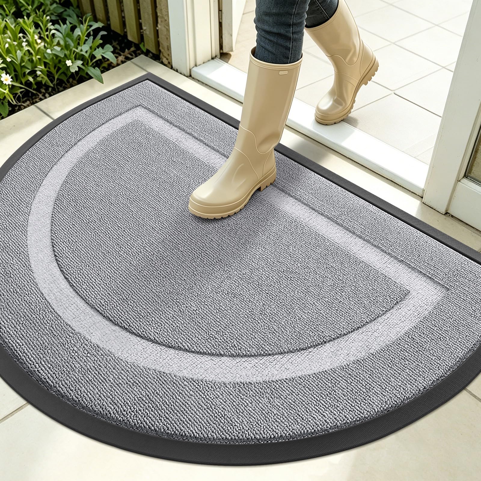 OLANLY Half Circle Front Door Mat Outside 35x23 All-Season Rubber Doormat | Silver Gray, Absorbent, Heavy-Duty, Stain and Fade Resistant, Non-Slip Backing, Low-Profile Indoor Outdoor Entryway Mat