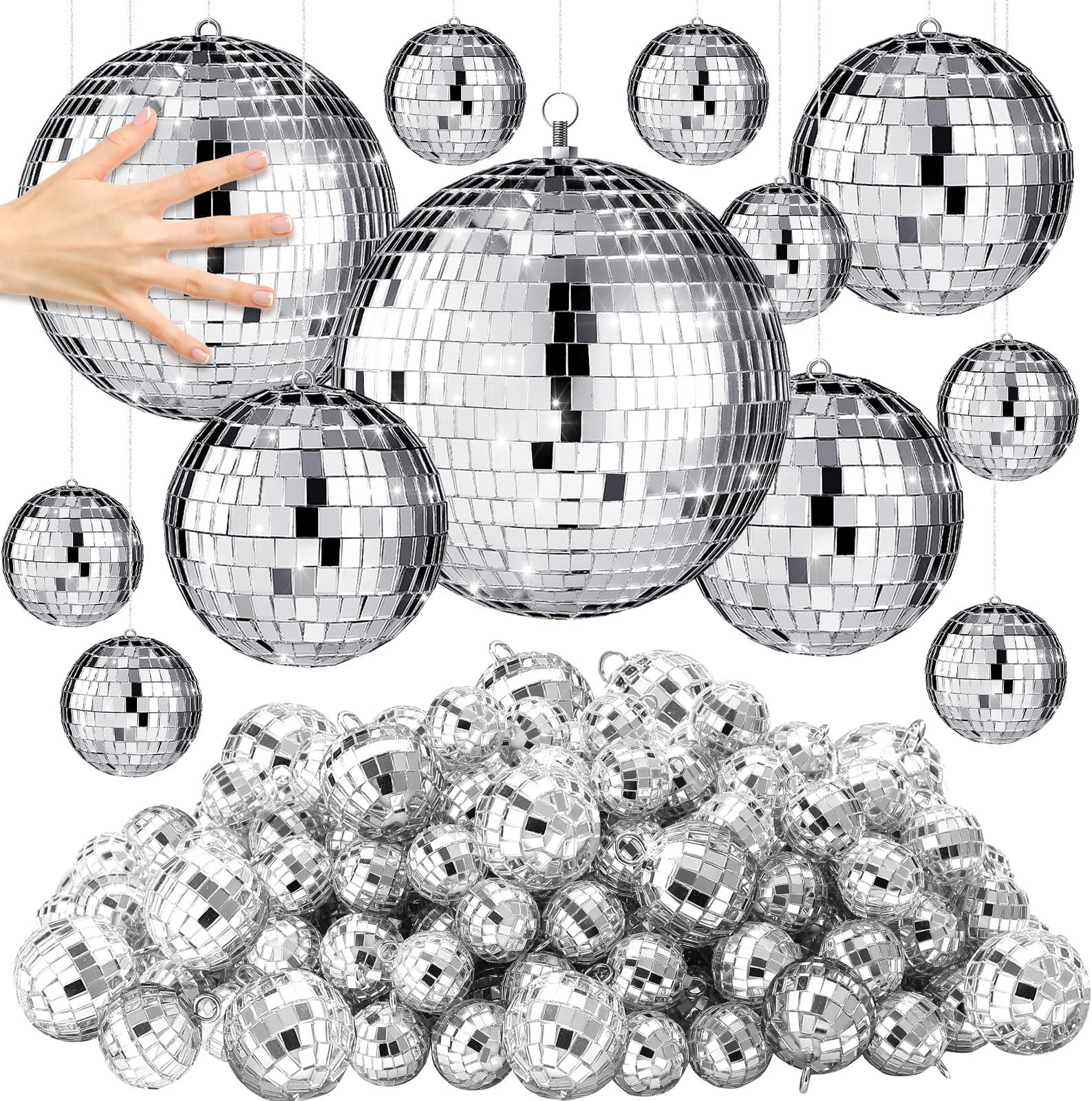 Halloween Hanging Decor Set – 4 Witch Hats & 4 Disco Balls With String & Pins For Party & Home - View #3