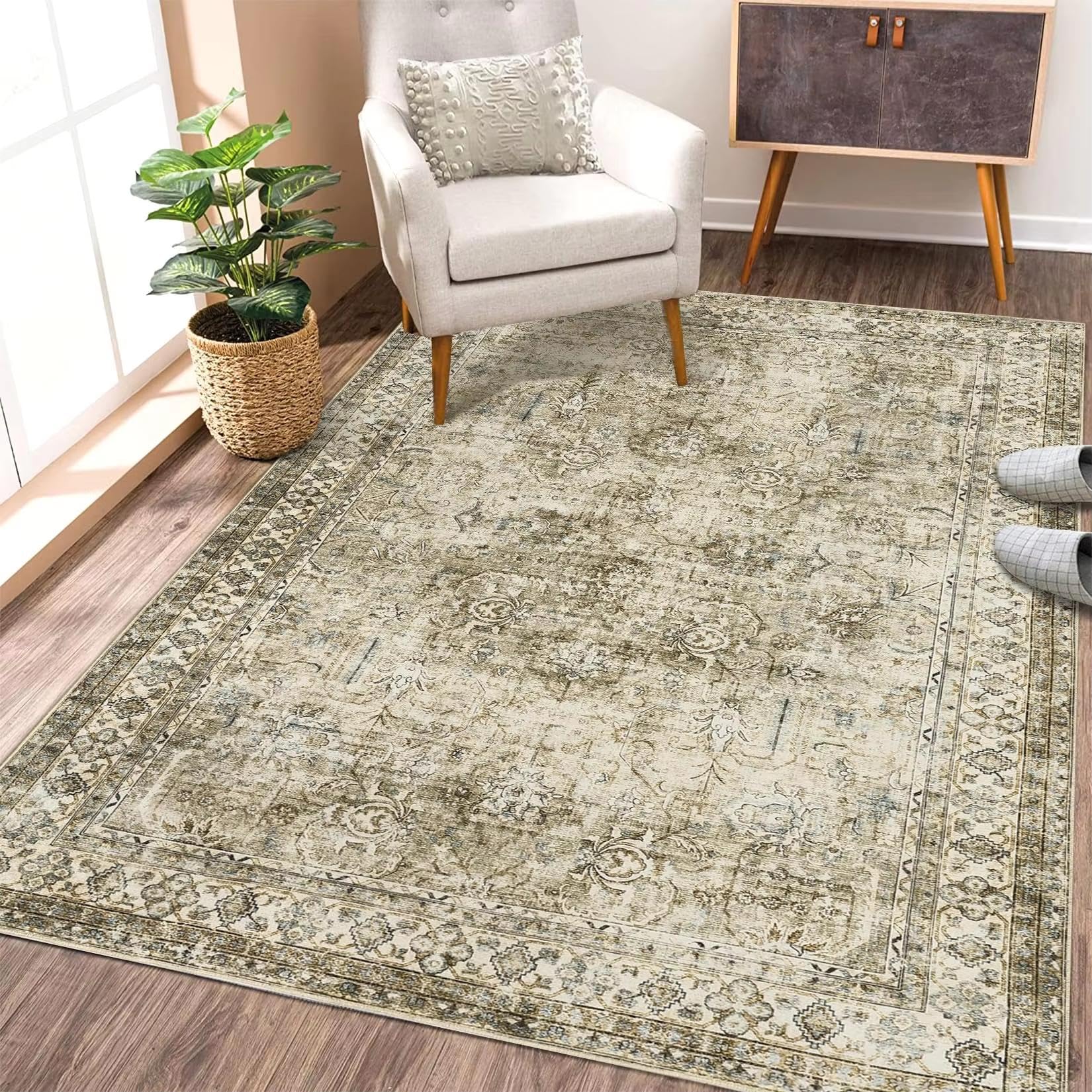 Tapis vintage lavable grand format 150x210 imprimé floral chambre