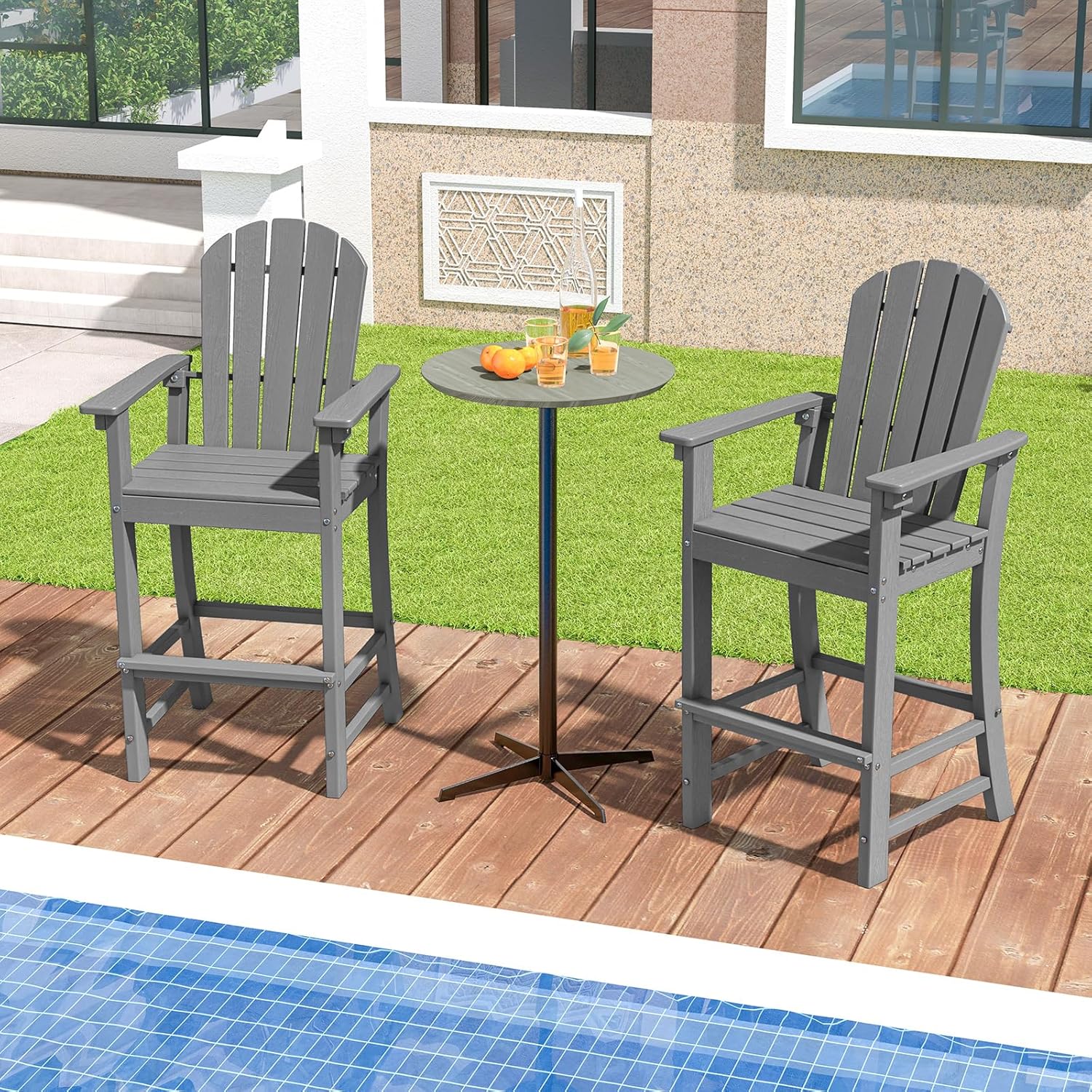 Tangkula Outdoor Tall Adirondack Chair 30 Inches Seat Height, HDPE Bar Height Patio Chair with High Backrest, Armrests and Footrest, Outdoor Bar Stool for Balcony, Deck, Garden and Poolside (2, Gray)