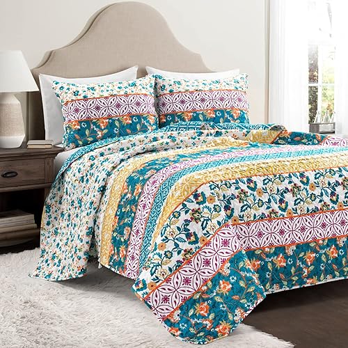 Lush Decor Emily Boho Stripe - Juego de edredón reversible de 3 piezas, tamaño King, color turquesa