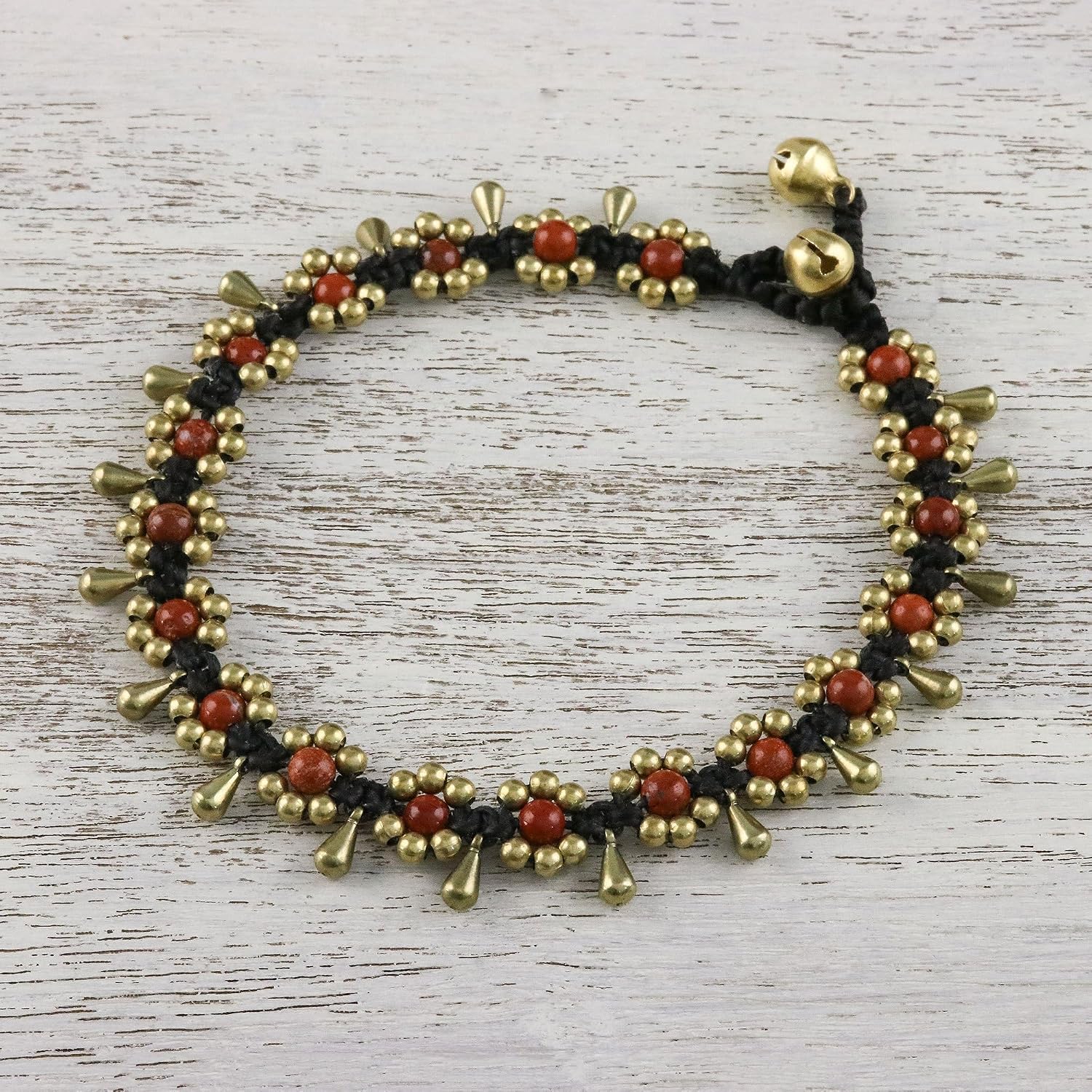 NOVICA Handmade Jasper Beaded Anklet with Bells from Thailand Brass Birthstone Bohemian 'Elegant Rain'