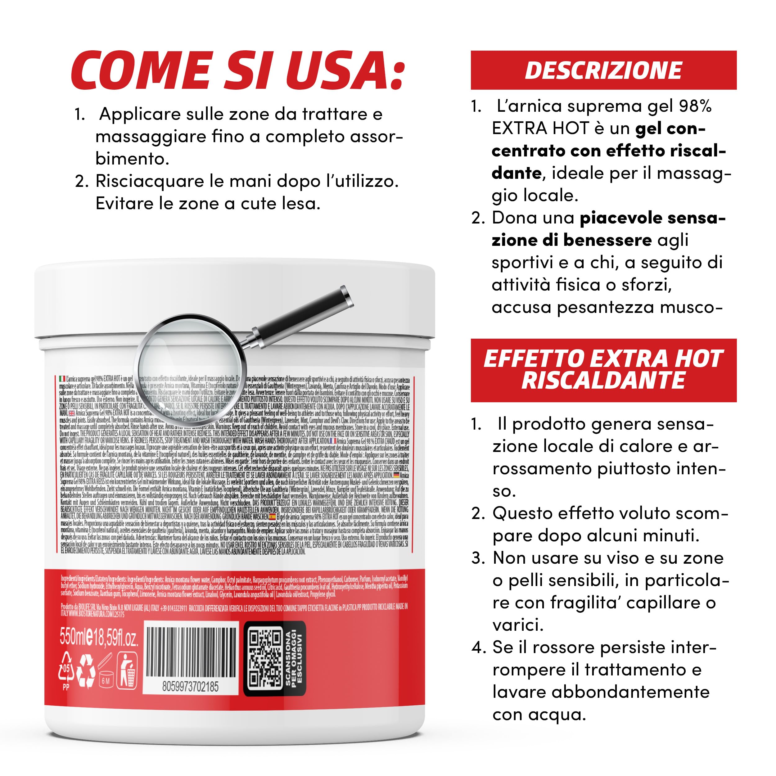 ARNICA SUPREMA GEL 98% SUPER HOT – Formula Potenziata con Arnica Montana, Artiglio del Diavolo e Canfora – Sollievo per Muscoli e Articolazioni – Crema Riscaldante, Extra Forte – 2x550ml