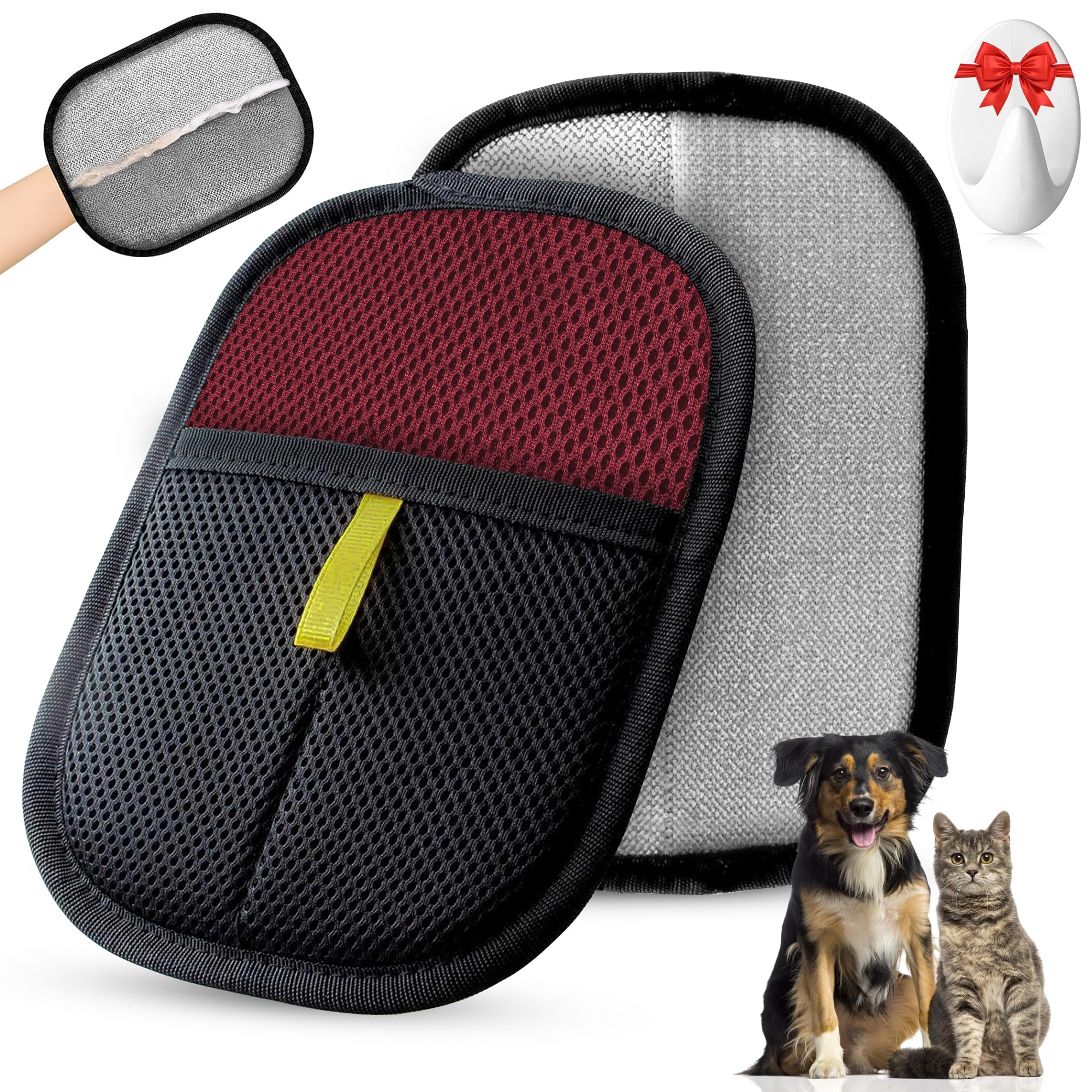 ️Quita Pelos Mascota,Manopla Quita Pelos Mascota Guante+Gancho Colgador de Regalo Quita pelos Perro Gato, Removedor de Pelo Mascota, Guante Reutilizable .Uso Diario (Rojo)