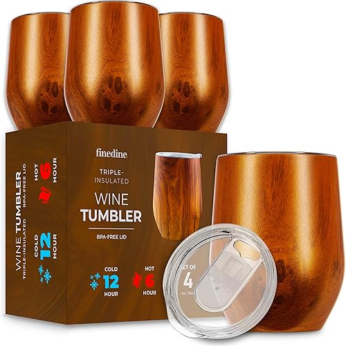 FineDine Vaso de vino con triple aislamiento con tapa (paquete de 4) juego de vasos de acero inoxidable de 12 onzas, mantiene las bebidas calientes