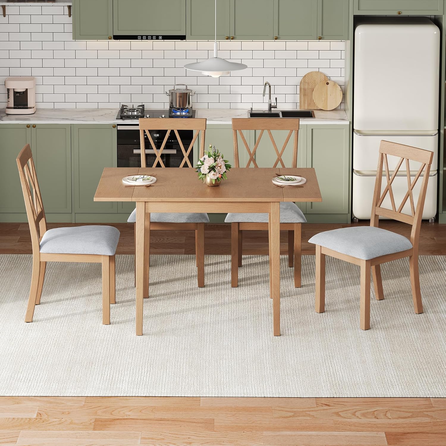 P PURLOVE 5 Piece Dining Set, Wood Kitchen Table and Chairs Set for 4, Drop Leaf Dining Table with 4 Upholstered Chairs for Apartment, Small Places, Natural