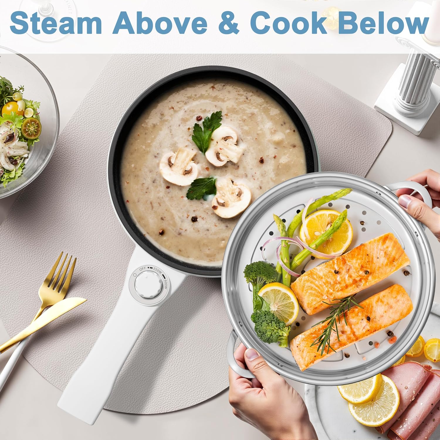 Image illustrating the 'Steam Above & Cook Below' functionality, with soup cooking in the main pot and salmon with asparagus steaming in the upper basket.