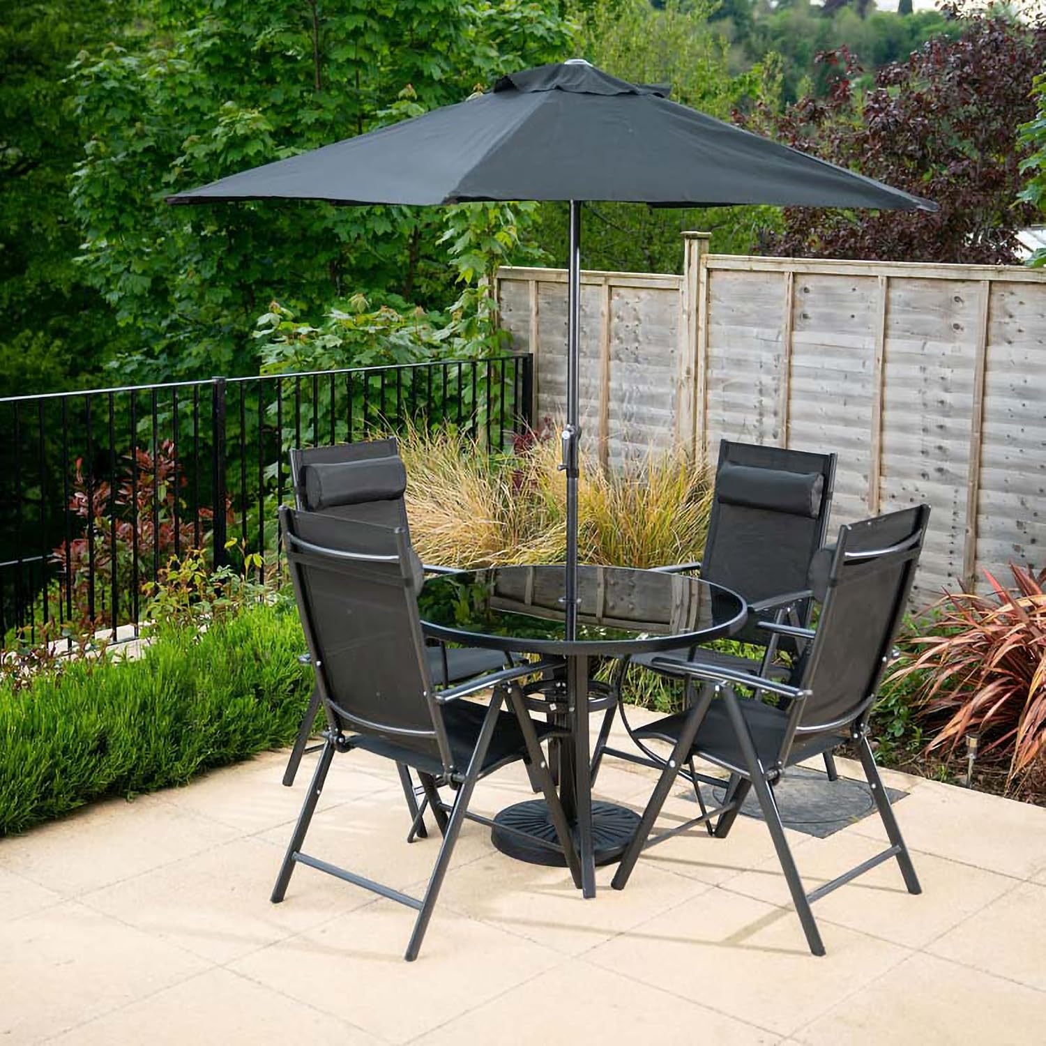 Hectare Polytex 4 Seater Metal Garden Furniture Outdoor Dining Set with Reclining Chairs and Parasol in Black