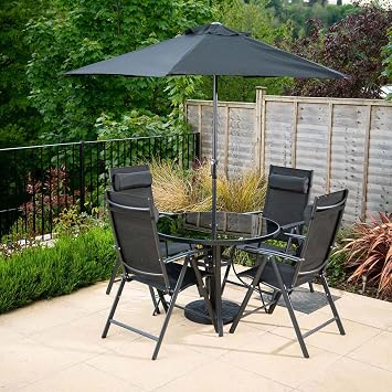 Hectare Polytex 4 Seater Metal Garden Furniture Outdoor Dining Set with Reclining Chairs and Parasol in Black