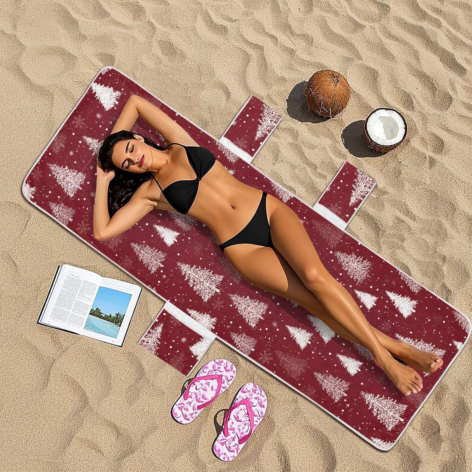 Lounge Chair Cover with Side Pockets Beach Chair Cover Christmas Tree Cartoon in Red Microfiber Pool Chaise Towel No Sliding for Outdoor Beach Garden Sunbathing Patio, 85 x30 in