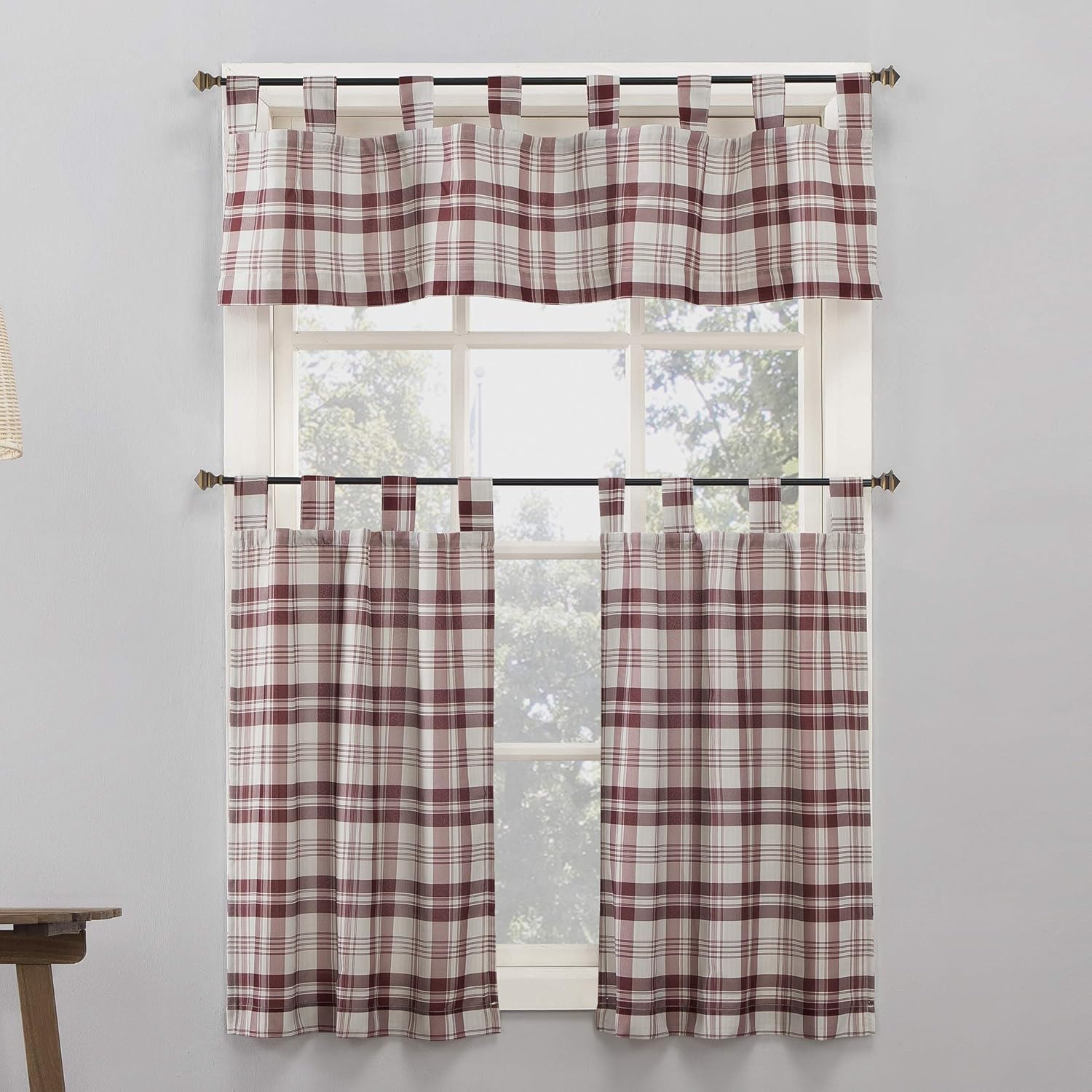 No. 918 Blair Farmhouse Plaid Semi-Sheer Tab Top Kitchen Curtain Valance, 52" x 14", Red/Ecru Off-White, W 14" x L 52" (1 Panels) - Image 3