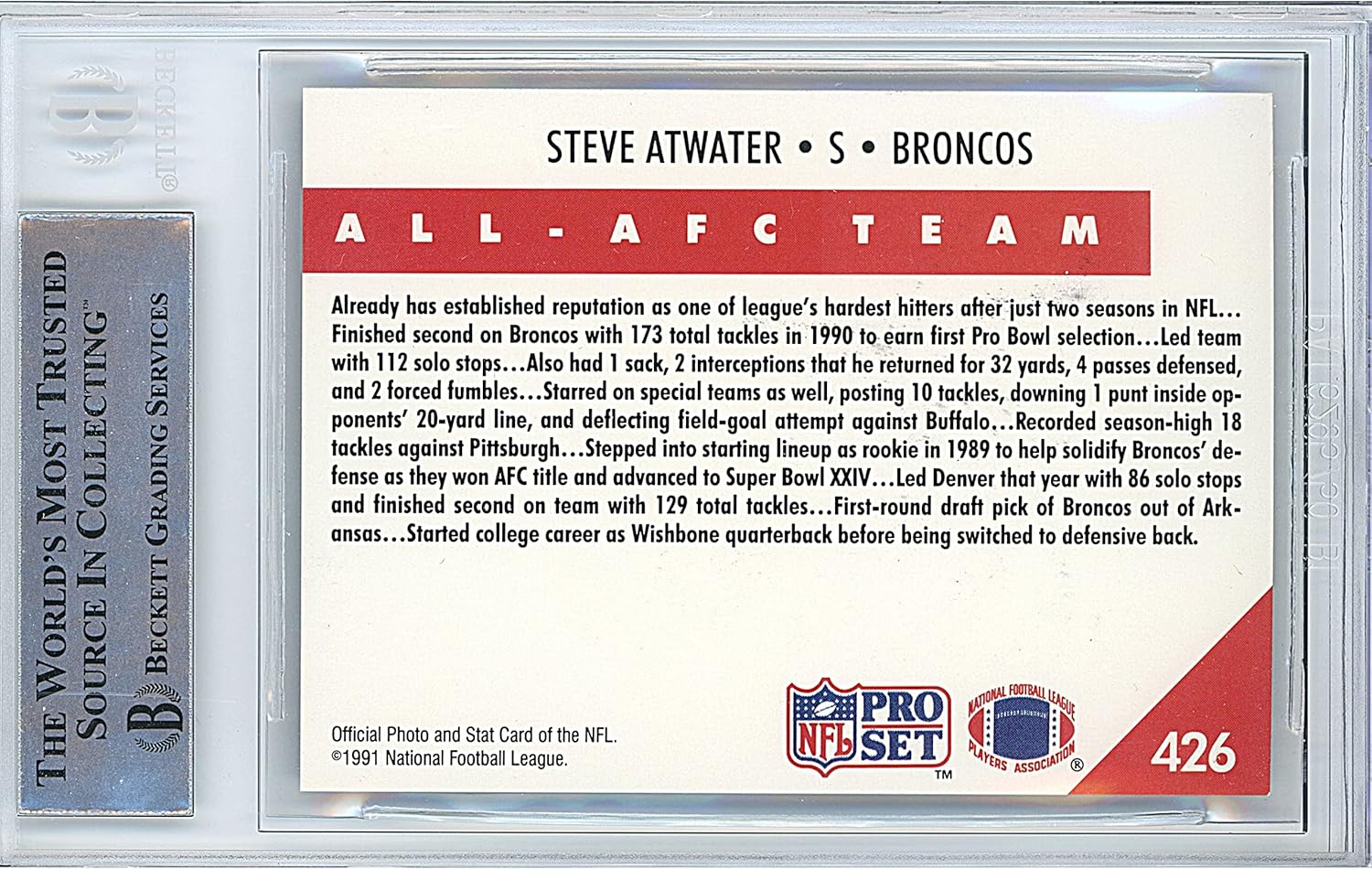 Steve Atwater Autographed 1991 Pro Set #426 Football Trading Card Slab Beckett BAS Authentic Slabbed COA Played For Denver Broncos NFL