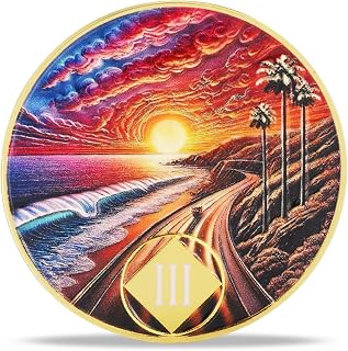 3 Year Sunset Coastal Road Sobriety Coin – Journey into Serenity NA Medallion – Spiritual Token for Recovery & Clean Time – Empowering NA AA Chips – Gift for Men & Women