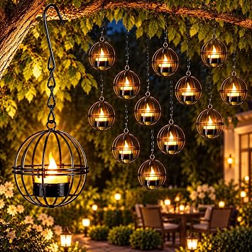 Retisee Set of 12 Outdoor Hanging Candle Holders Outdoor Hanging Vintage Lanterns with Tea Lights for Home, Garden, Backyard, Pergola, Patio, Umbrella, Tree, Window Decoration