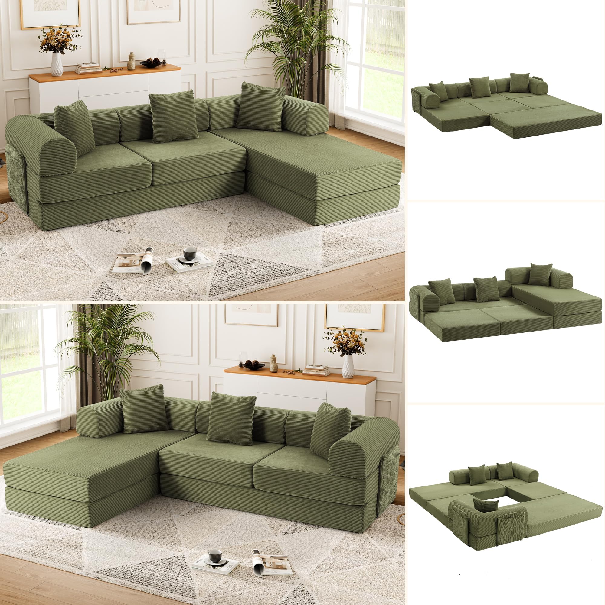 - 106.3" Oversized Convertible Sleeper Sofa Bed, L Shape Modular Sectional Cloud Sofa with Fixed-Shape Frame, Boneless Couch with Storage Pocket for Living Room, No Assembly Required, Green