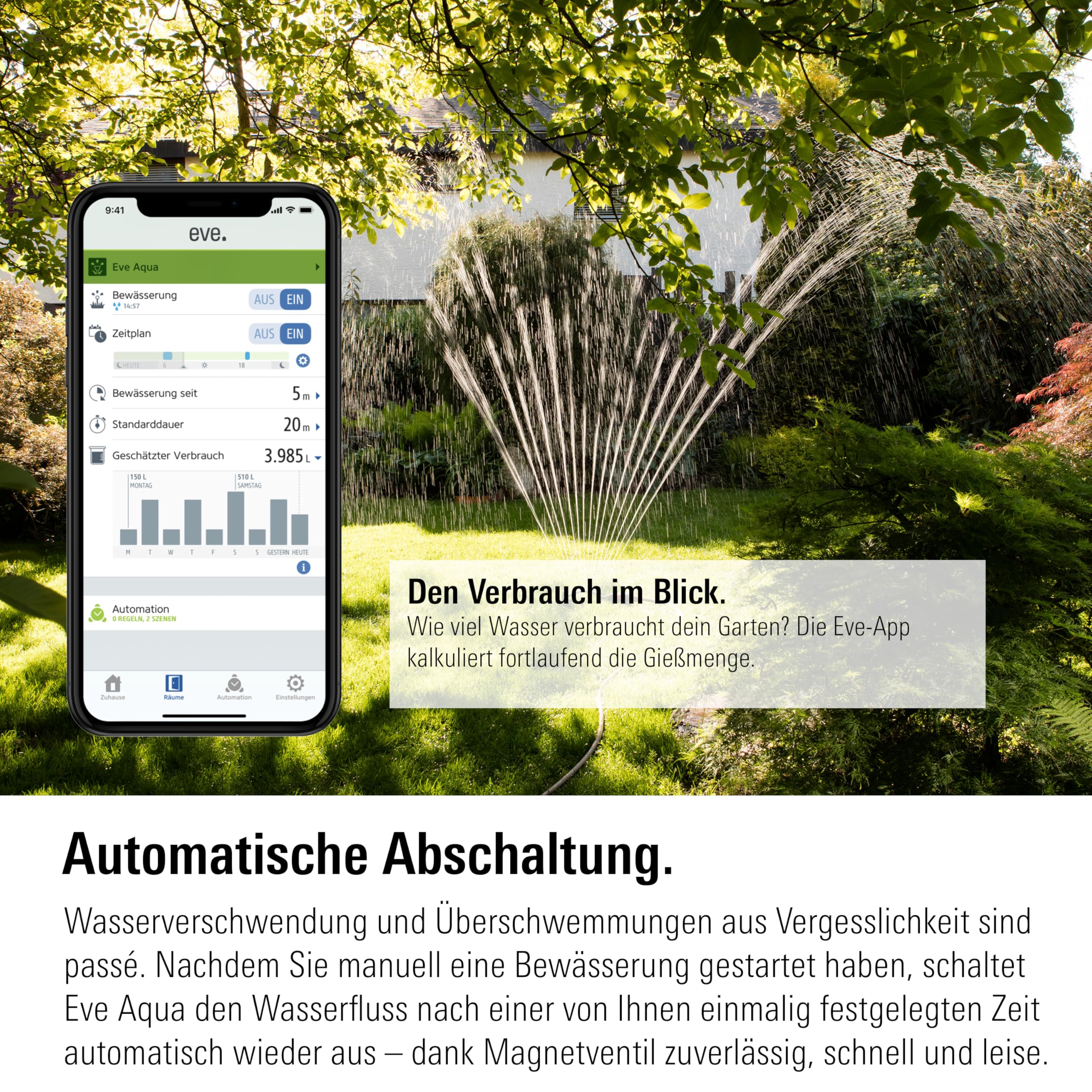 Eve Aqua (Apple Home): Smarte Bewässerungssteuerung per App oder Siri - auch von unterwegs, Garten/Balkon automatisch gießen, geeignet für Mehrfachverteiler, einfache Bedienung, Thread, Keine Bridge