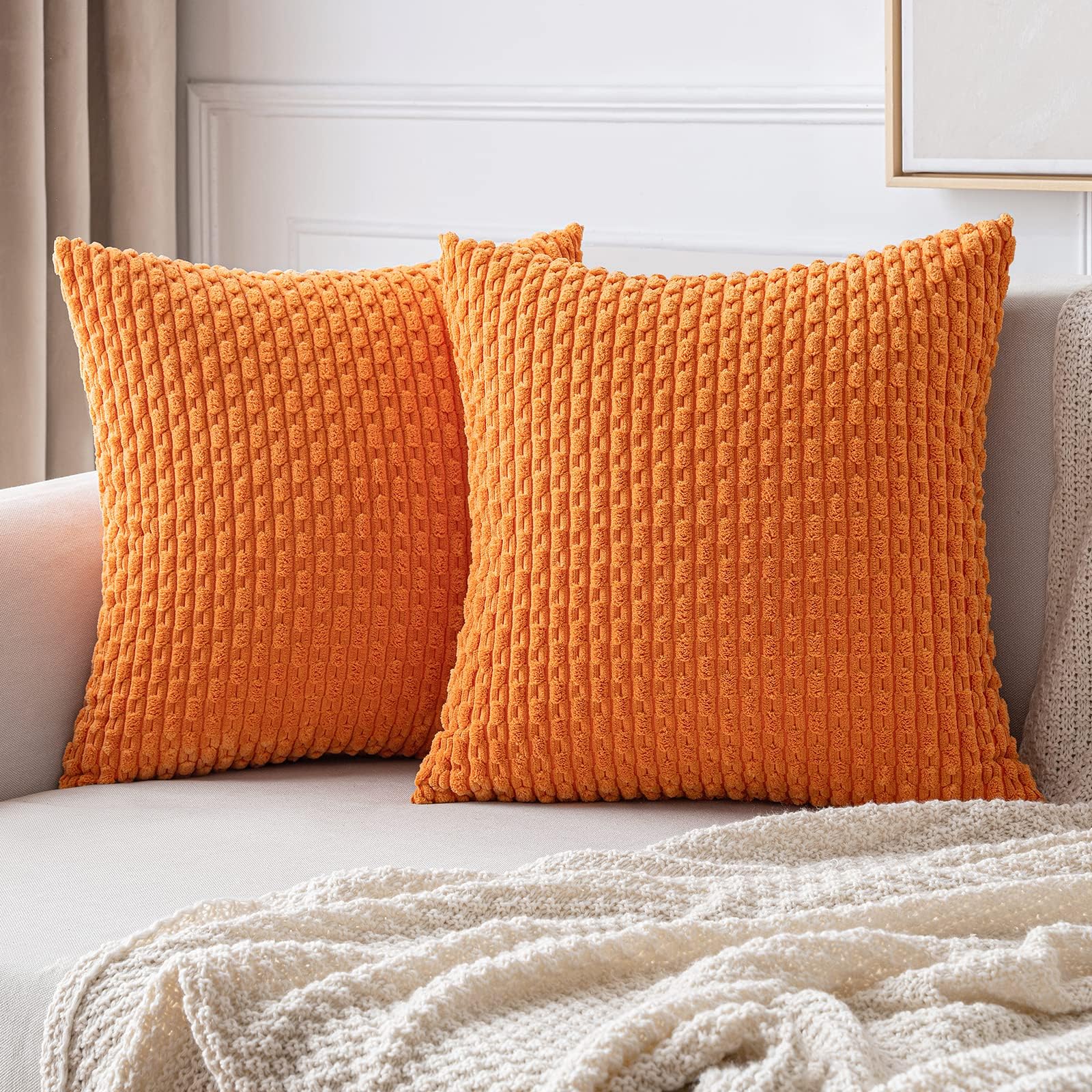 MIULEE Orange Throw Pillow Covers Soft Corduroy Decorative Set of 2 Boho Striped Pillow Covers Pillowcases Farmhouse Home Decor for Halloween Couch Bed Sofa Living Room 18x18 Inch