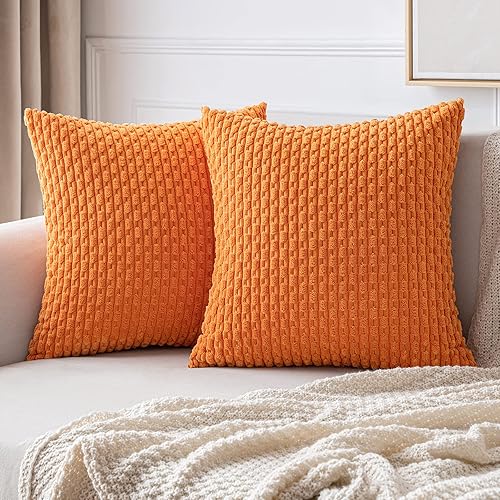 MIULEE Juego de 2 fundas de almohada de pana suave color naranja, fundas de almohada de otoño a rayas bohemias para decoración del hogar rural para