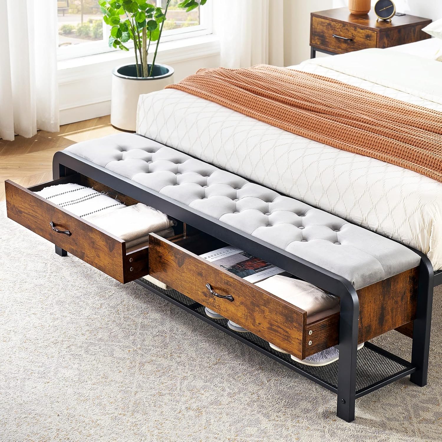 Alkmaar Queen Size Platform Bed Frame components laid out for assembly