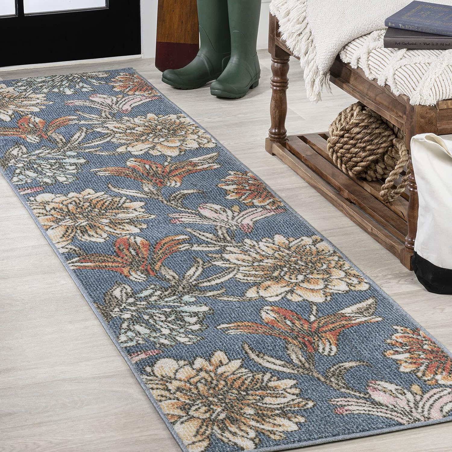 JONATHAN Y Giglio Botanical Flower Runner Rug 2x8, Blue/Orange/Cream, Modern, Contemporary, Easy-Cleaning for Living Room, Bedroom, Kitchen, Pet Friendly, Non-Shedding (CTP202A-28)