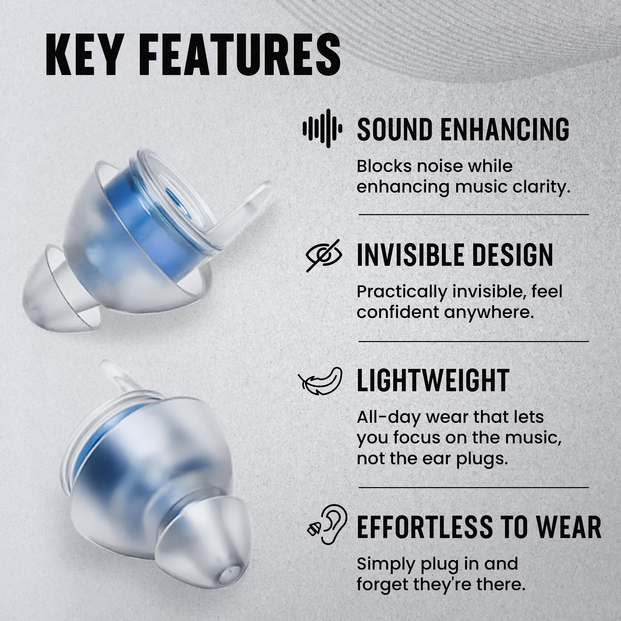 Plugz Bouchons d'oreille légers bleus de concert – Invisibles, faciles à porter, meilleurs bouchons d'oreilles pour concerts, musique forte, bouchons d'oreille confortables tout au long de la journée