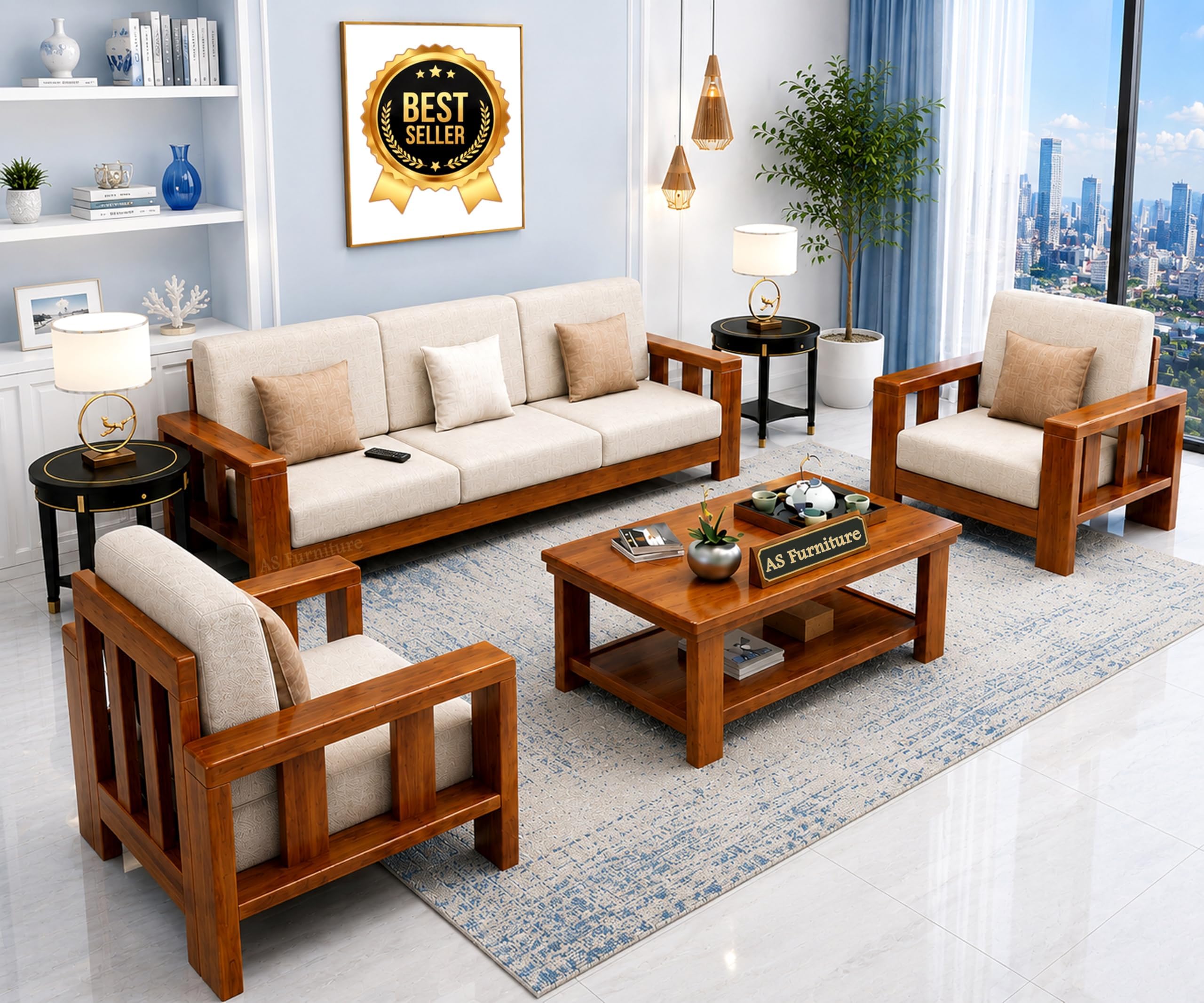 Wooden Sofa Set 5 Seater with Center Table for Living Room | Sofa Set 3+1+1 | Without Pillow with Cushions | Wooden Sofa Set Furniture | Sofa Set 5 Seater with Coffee Table