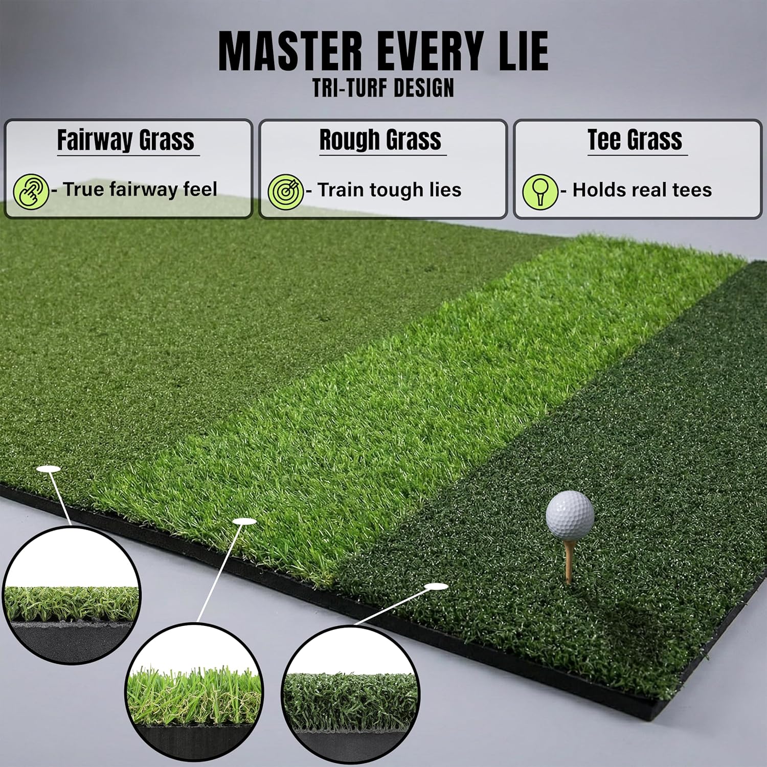 TriZone Pro - 6x4ft Premium Golf Mat | Tri Turf Golf Hitting Mat | Golf Mats Practice Indoor, Outdoor, with Simulator | Thick Base | Extra Large Size | Durable Golf Practice Mat with Tees