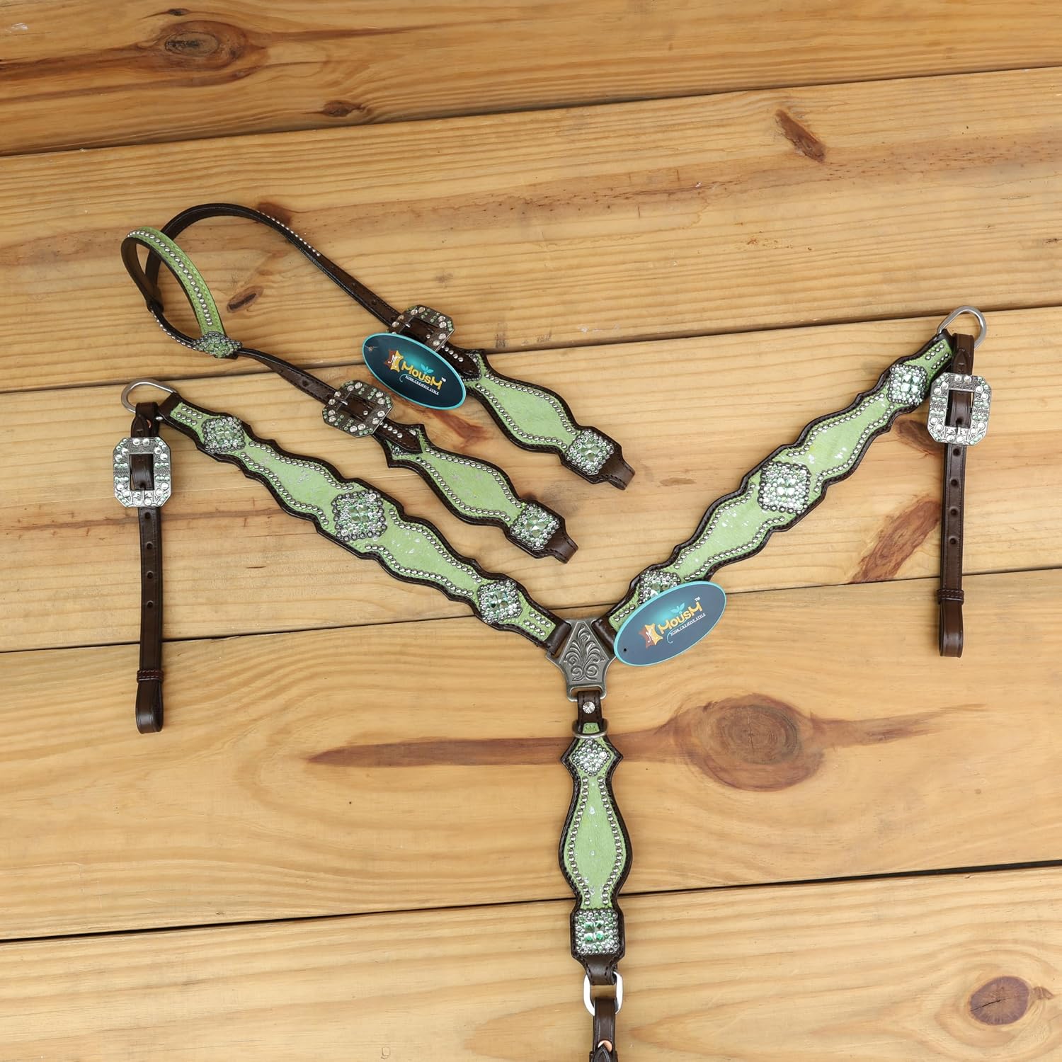 Western Headstall, Breast Collar, Wither Strap, Spur Strap, and Bronc Halter Tack Set for Horse, Handmade Lime Green Metallic Acid Wash Cowhide Look with Nickel Studs and Conchos
