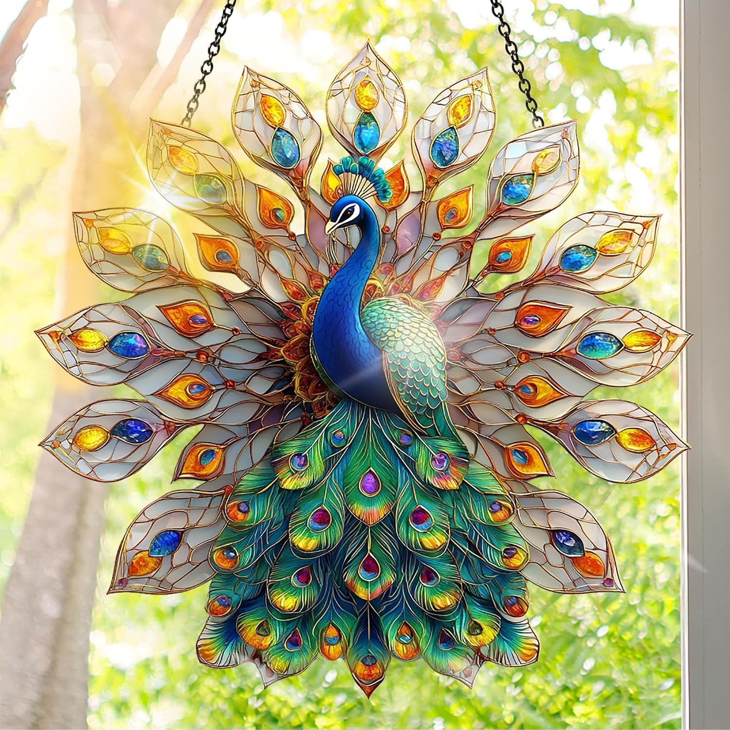 Colorful Acrylic Suncatcher, Peacock Hanging Window Decor with Printed Stained Glass Style Design Sun Catcher, Rainbow Maker Wall Art, Gift Idea & Garden Ornament Indoor Outdoor...