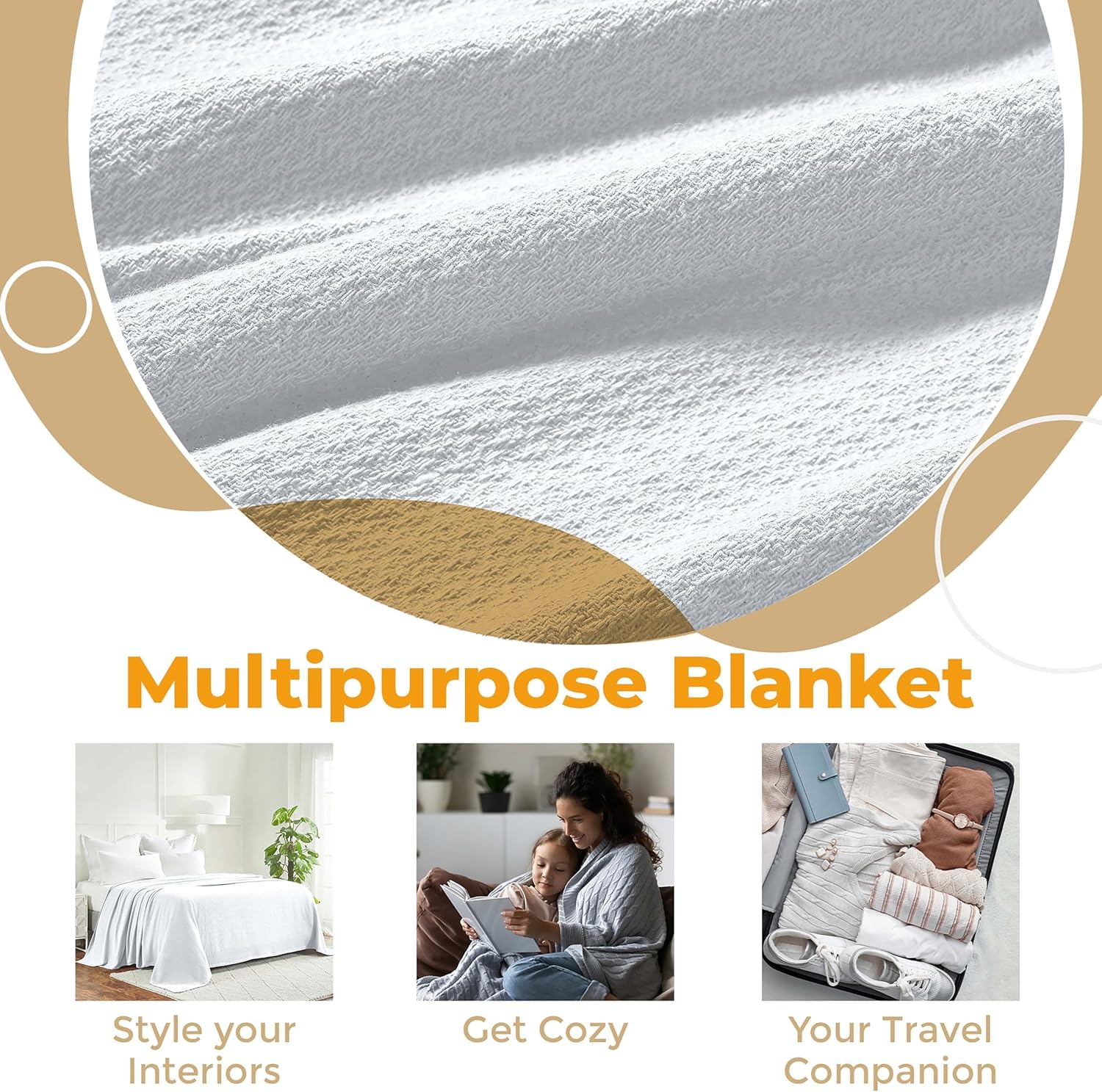 SUPERIOR Cotton Blanket, Lightweight, Soft Breathable Comfy Bedding, King, White