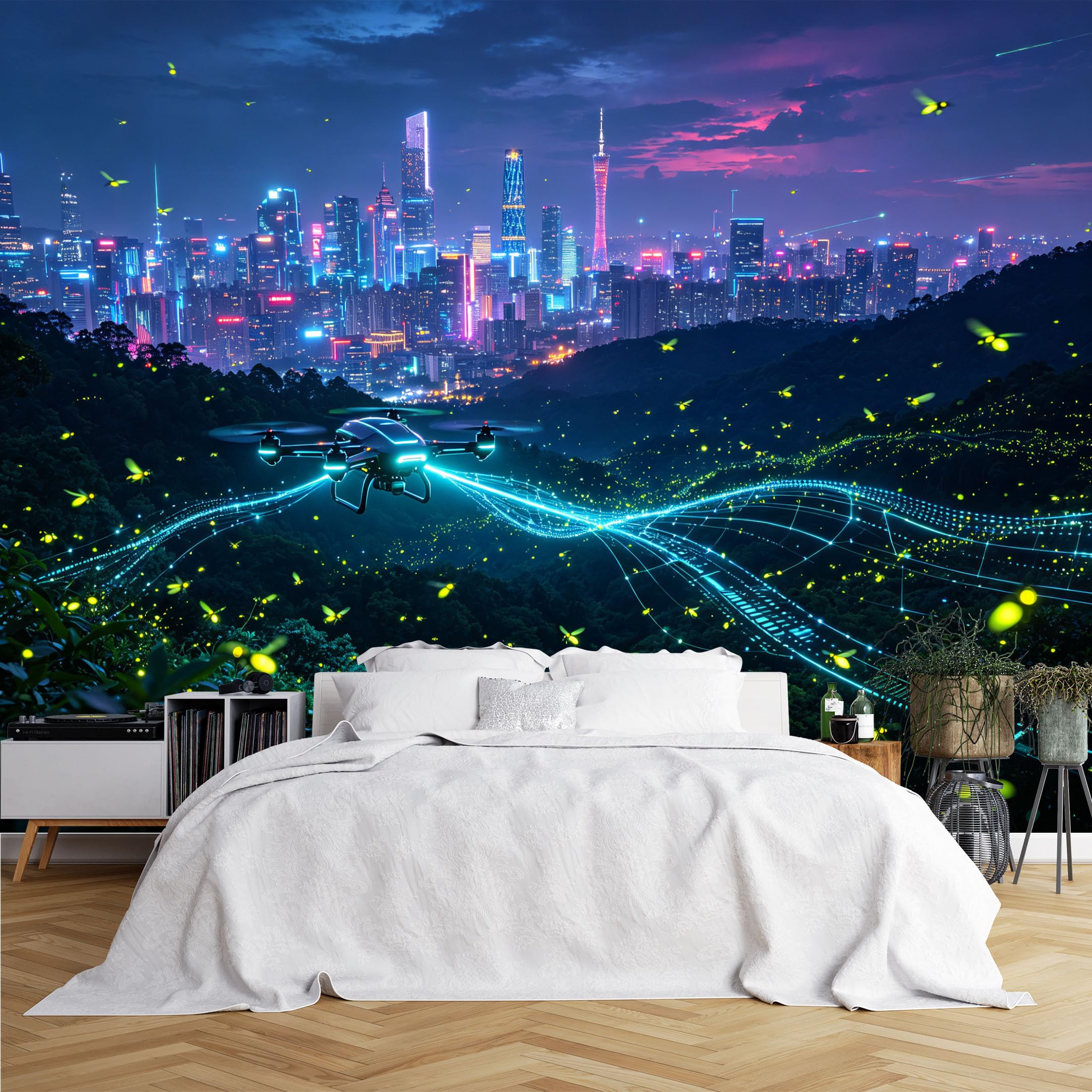 Lcythiazole Ch260615057 Custom Size Wall Murals Drone Firefly Neon City Night View Wall Murals Hd Full Wall Wallpaper Self-Adhesive Removable Wallpaper For Modern Living Room