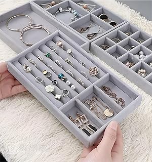 Compact Jewelry Organizer - Set of 4 stackable velvet pieces for earrings, necklaces, bracelets, and watches with adjustable compartments in modern gray for efficient storage.