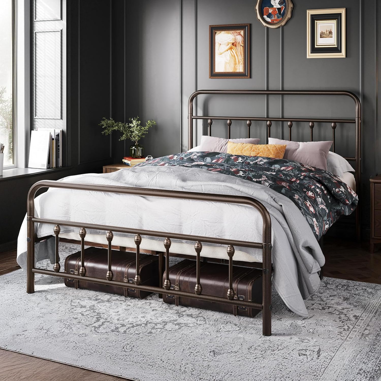 Topeakmart Queen Size Victorian Style Metal Bed Frame with Headboard/Mattress Foundation/No Box Spring Needed/Under Bed Storage/Strong Slat Support Bronze