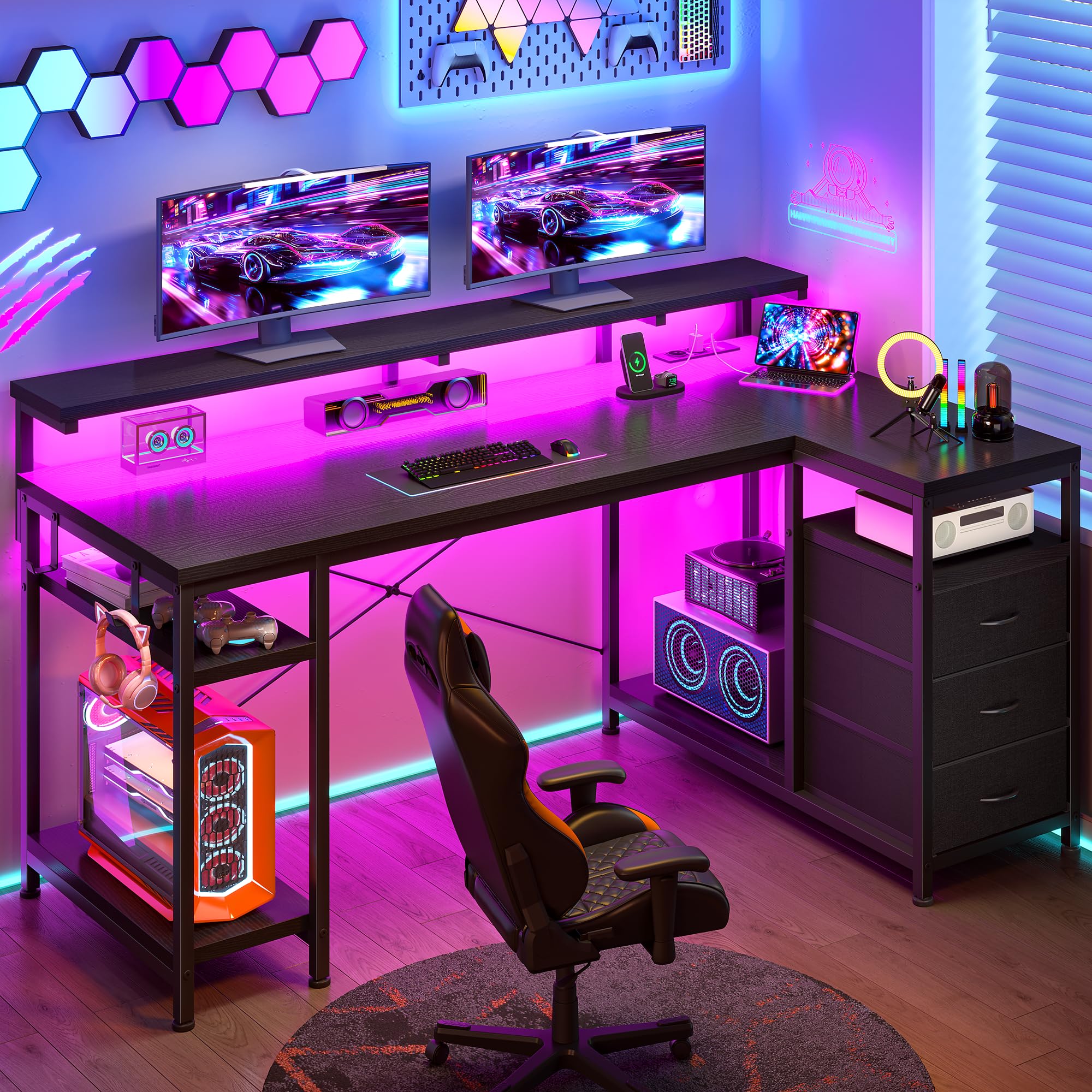 140x80 cm Forma de L Escritorio con 3 Cajones, LED, Soporte para Monitor, 2 Enchufes y 2 Puertos USB, Reversible Mesa Gaming con Gancho para Trabajo,Juegos,Estudiar,Homeoficina, Estudio, Negro