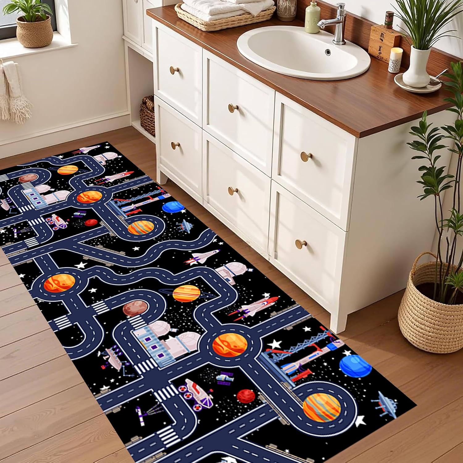 Outer Space Kids Rug, 2x6ft, Solar System Galaxy Planets Satellite Spaceship Rocket Road Rug, Soft Foldable Non-Shed Kids Playmat Car Carpet for Nursery Daycare Children Room