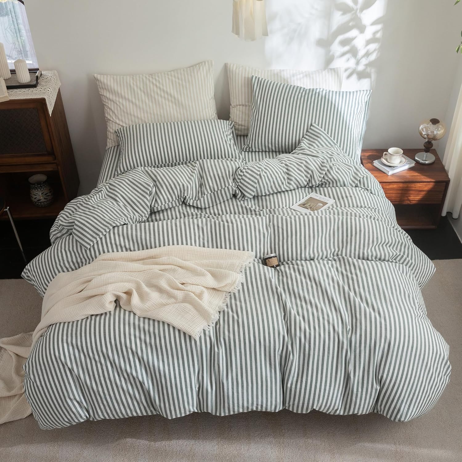 FOSSA Striped Duvet Cover Set 100% Washed Cotton Linen Feel Super Soft Breathable Cozy 3 Pieces Bedding Sets Heathered Green Classic Stripes Queen - Image 4