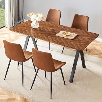 63" Dining Room Table Set for 4, Farmhouse Wood Kitchen Table Set with 4 Brown Suede Upholstered Chairs, Modern Herringbone Dinette Set with Black Legs, for Dining Room Kitchen Apartment