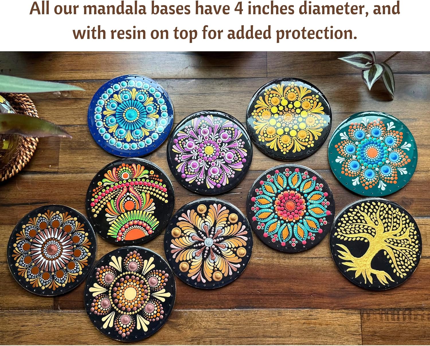 100% Handcrafted Wooden Basket Bases with Stunning Mandala Designs and Holes for Pine Needle Baskets, Wind Chimes, and Other Crafts; 4 Inches Diameter; Drilled Basket Bottoms