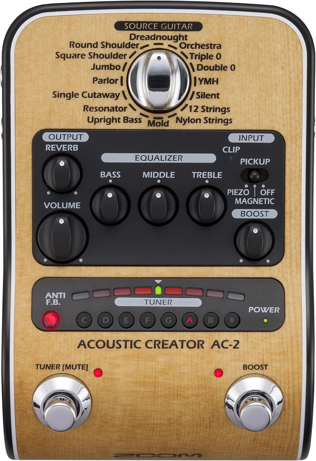 Zoom AC-2 Acoustic Pedal with DI with Tone Restoration, Tuner, Reverb, EQ, and Anti-Feedback