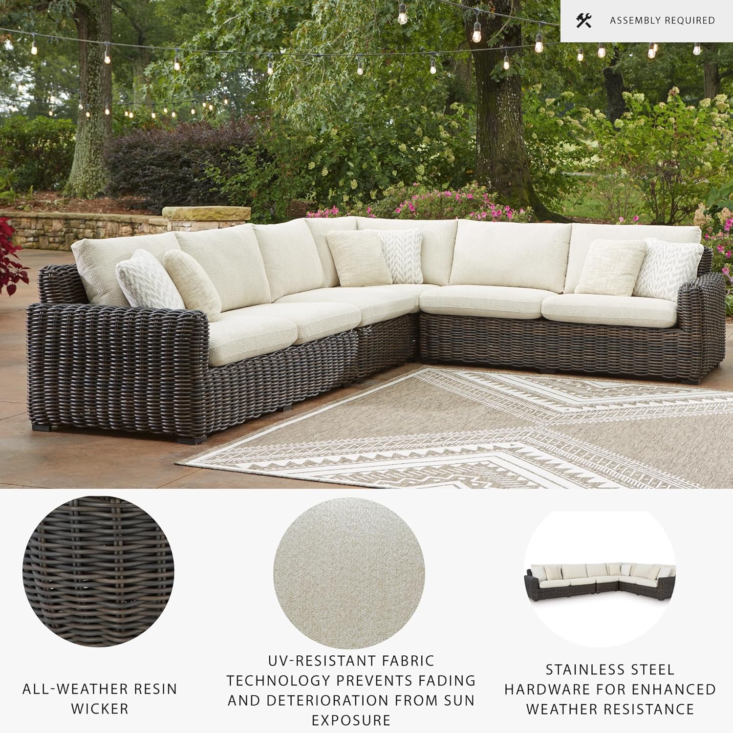Signature Design by Ashley Kimora Right-Arm Facing Contemporary 4-Piece Outdoor Sectional with Cushion and 6 Throw Pillows, White