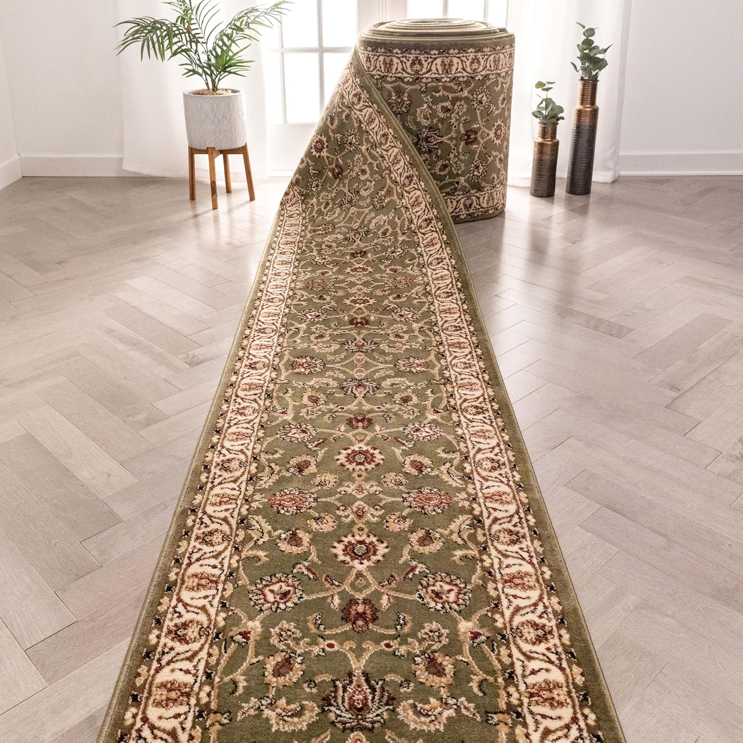 Well Woven Custom Size Hallway Stair Runner - Choose Your Custom Length - Noble Sarouk Green Oriental 27 Inch Wide x 5 Feet Long Runner (27" x 5') Traditional Floral Carpet