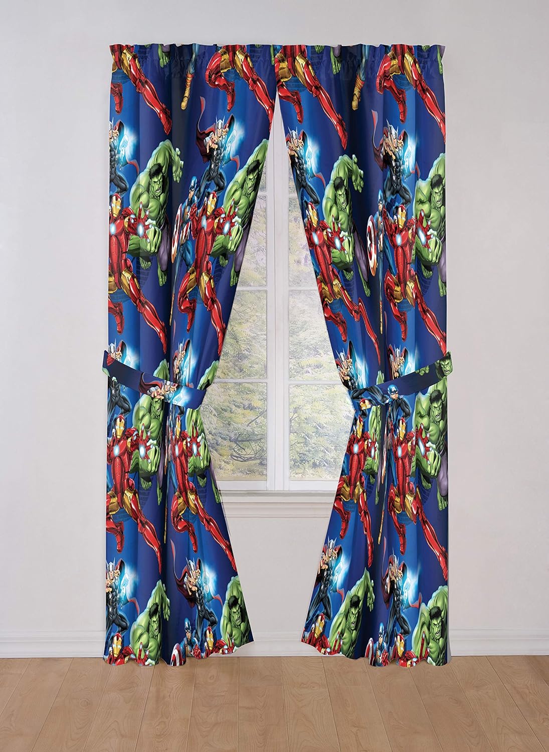 Jay Franco Marvel Avengers Blue Circle 84" Inch Drape - Beautiful Room Décor & Easy Set Up, Bedding Features Captain America, Iron Man, & Thor - Curtains Include 2 Tiebacks, 4 Piece Set