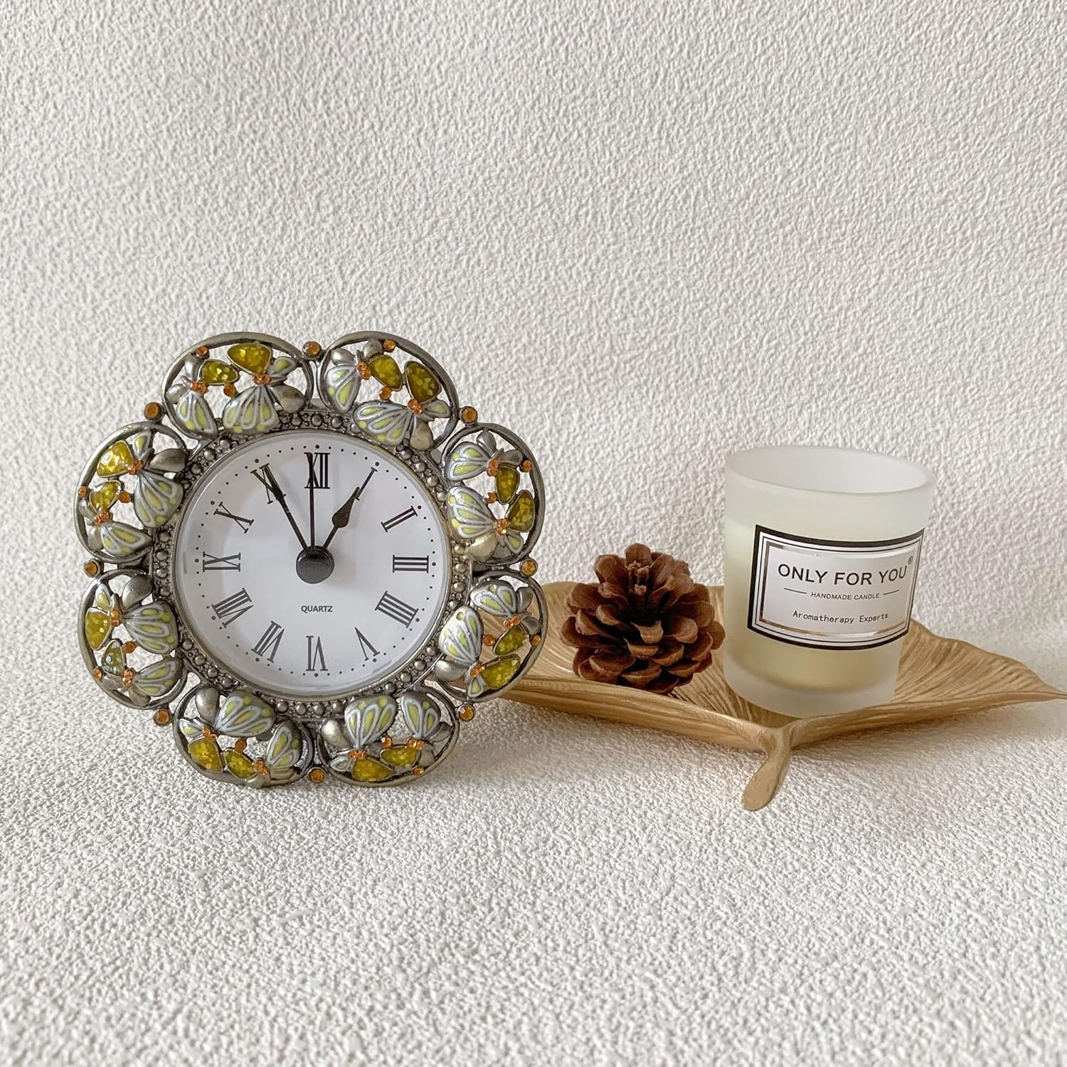Silent Mini Vintage Analog Table Clock with Hand-Painted Metal Body and Battery Operated Non-Ticking Core for Shelf, Bedroom, Bedside, Desk, Gift Clock