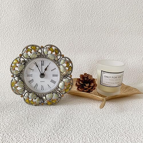 Miniatura 7 de Silent Mini reloj de mesa analógico vintage con cuerpo de metal pintado a mano y núcleo sin tictac funciona con pilas para estante, dormitorio,